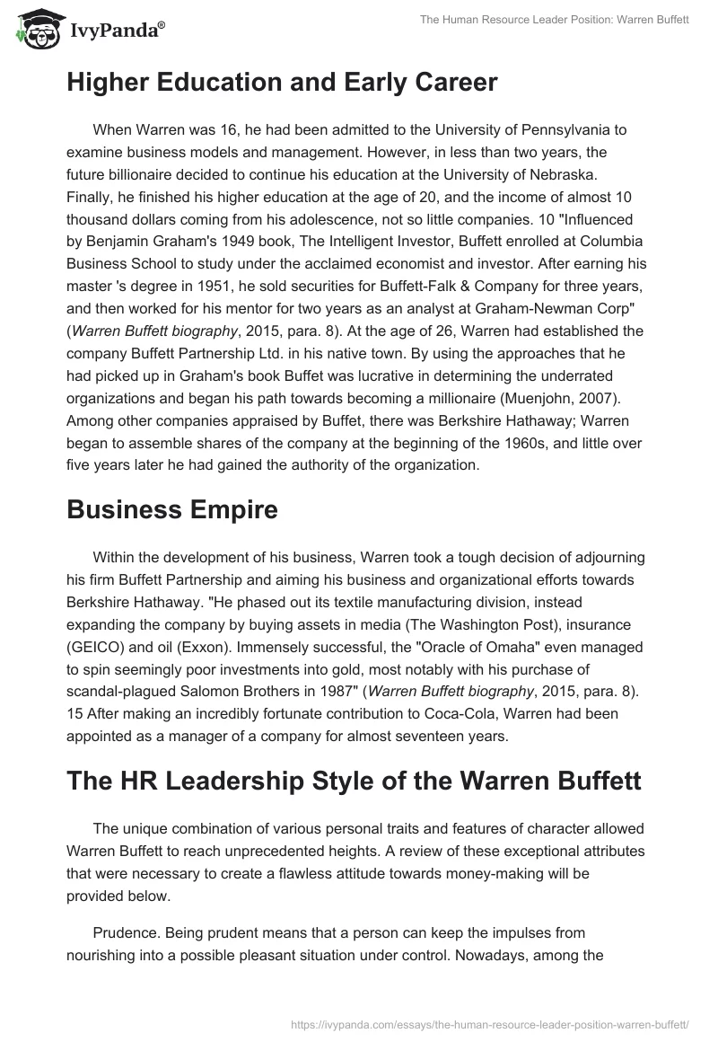 The Human Resource Leader Position: Warren Buffett. Page 2