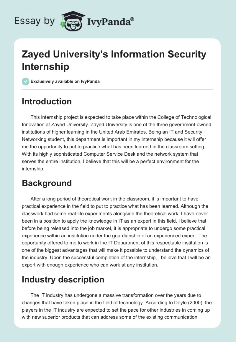 Zayed University's Information Security Internship. Page 1