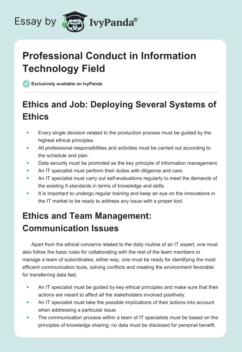 Professional Conduct in Information Technology Field. Page 1