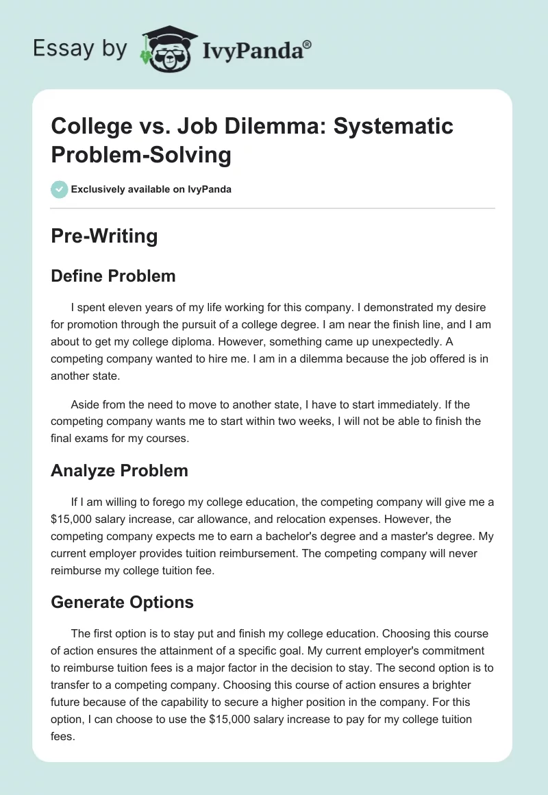 College vs. Job Dilemma: Systematic Problem-Solving. Page 1