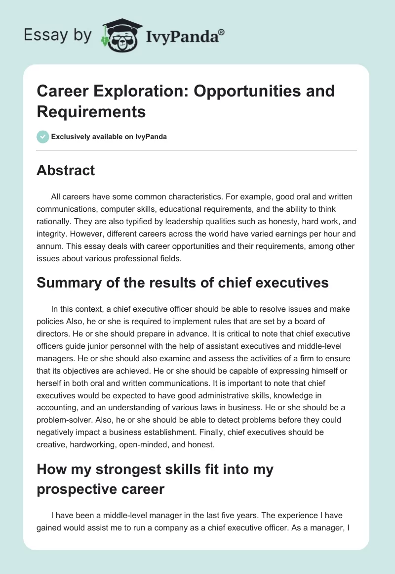 Career Exploration: Opportunities and Requirements. Page 1