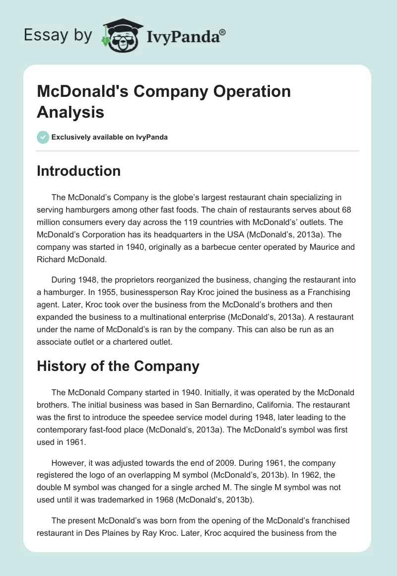 McDonald's Company Operation Analysis. Page 1