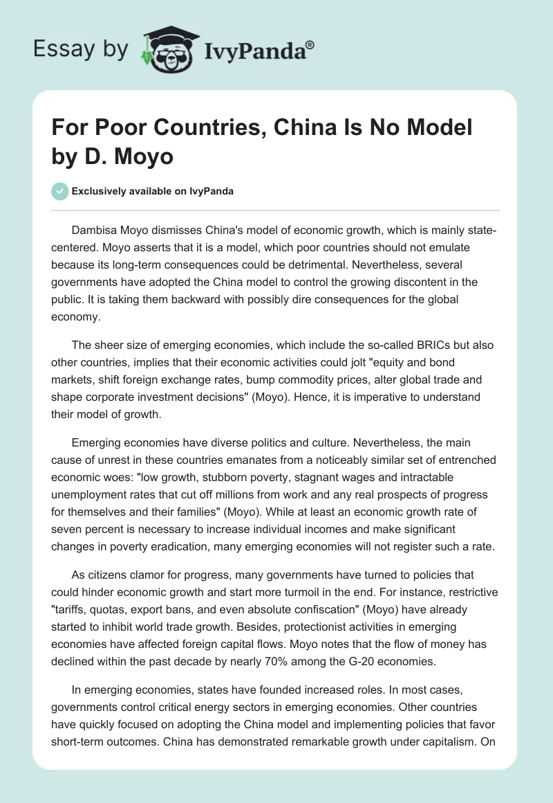 "For Poor Countries, China Is No Model" by D. Moyo. Page 1