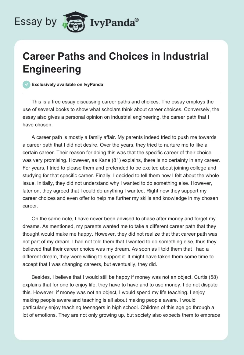 Career Paths and Choices in Industrial Engineering. Page 1
