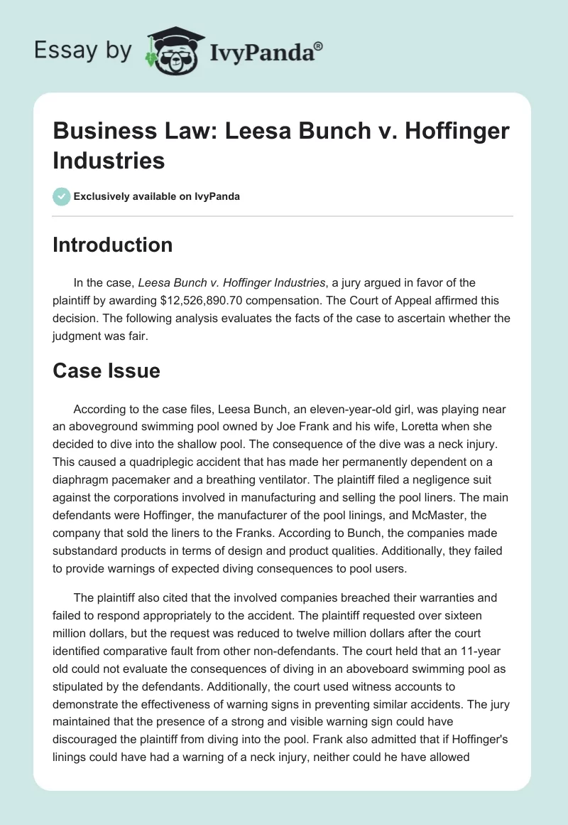 Business Law: Leesa Bunch v. Hoffinger Industries. Page 1