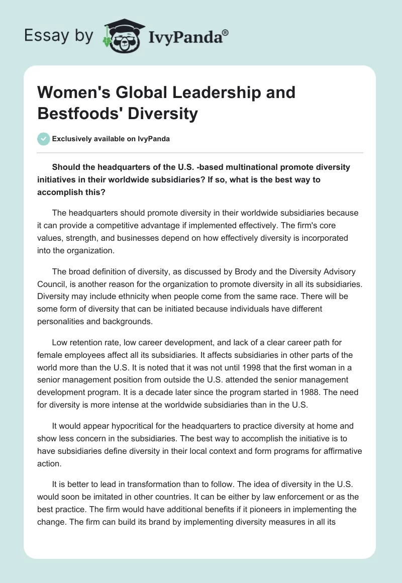 Women's Global Leadership and Bestfoods' Diversity. Page 1