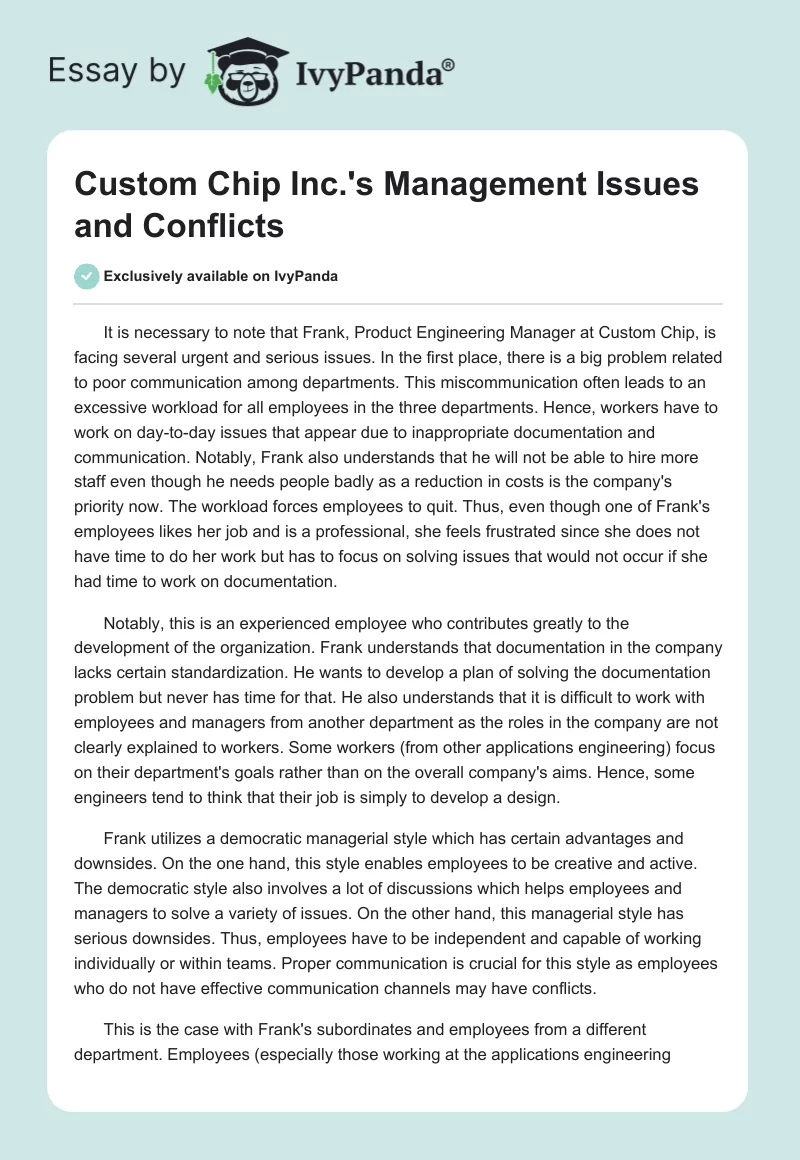 Custom Chip Inc.'s Management Issues and Conflicts. Page 1