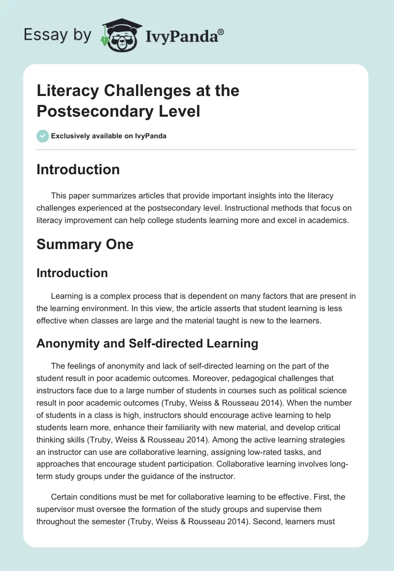 Literacy Challenges at the Postsecondary Level. Page 1