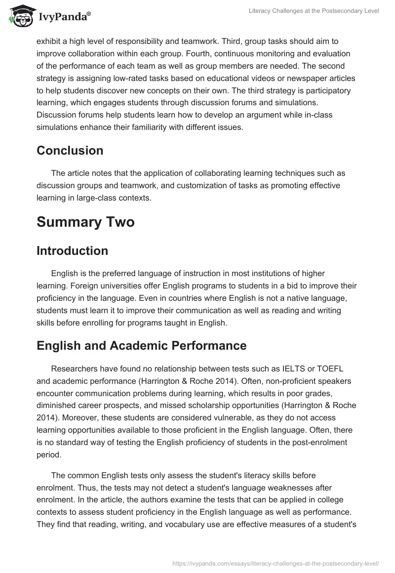 Literacy Challenges at the Postsecondary Level. Page 2