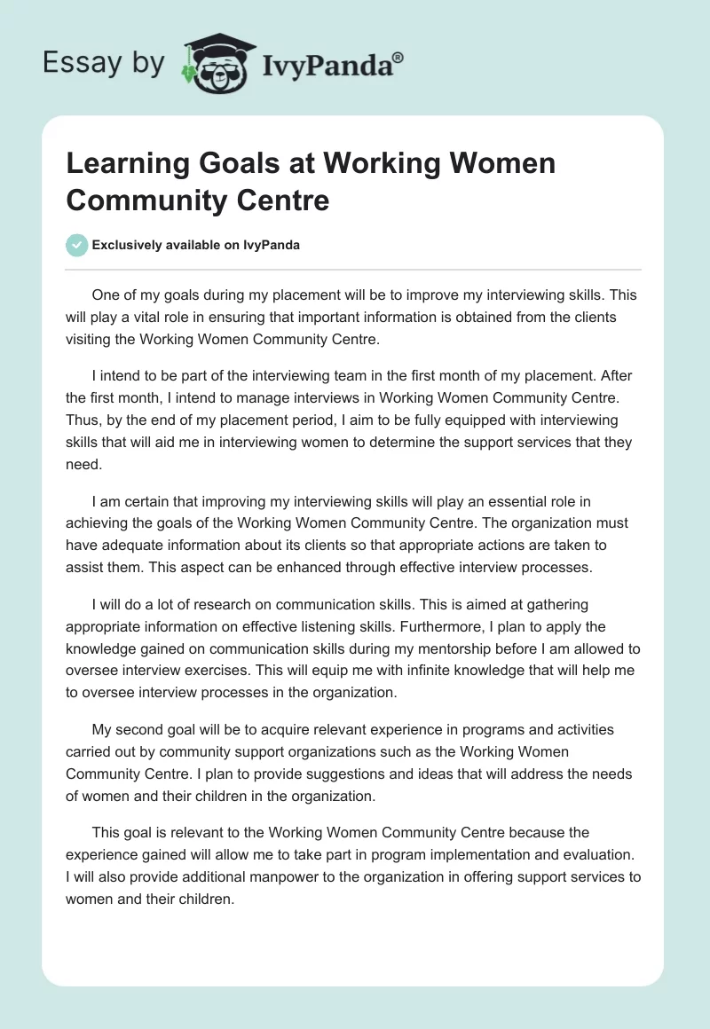 Learning Goals at Working Women Community Centre. Page 1