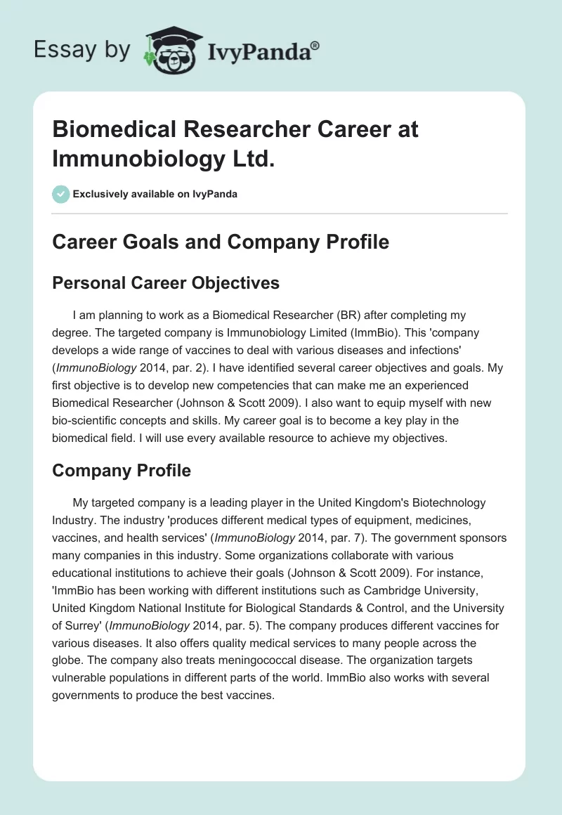 Biomedical Researcher Career at Immunobiology Ltd.. Page 1