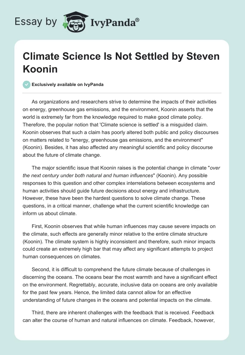 "Climate Science Is Not Settled" by Steven Koonin. Page 1