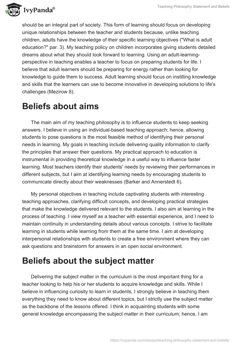 Teaching Philosophy Statement and Beliefs. Page 2