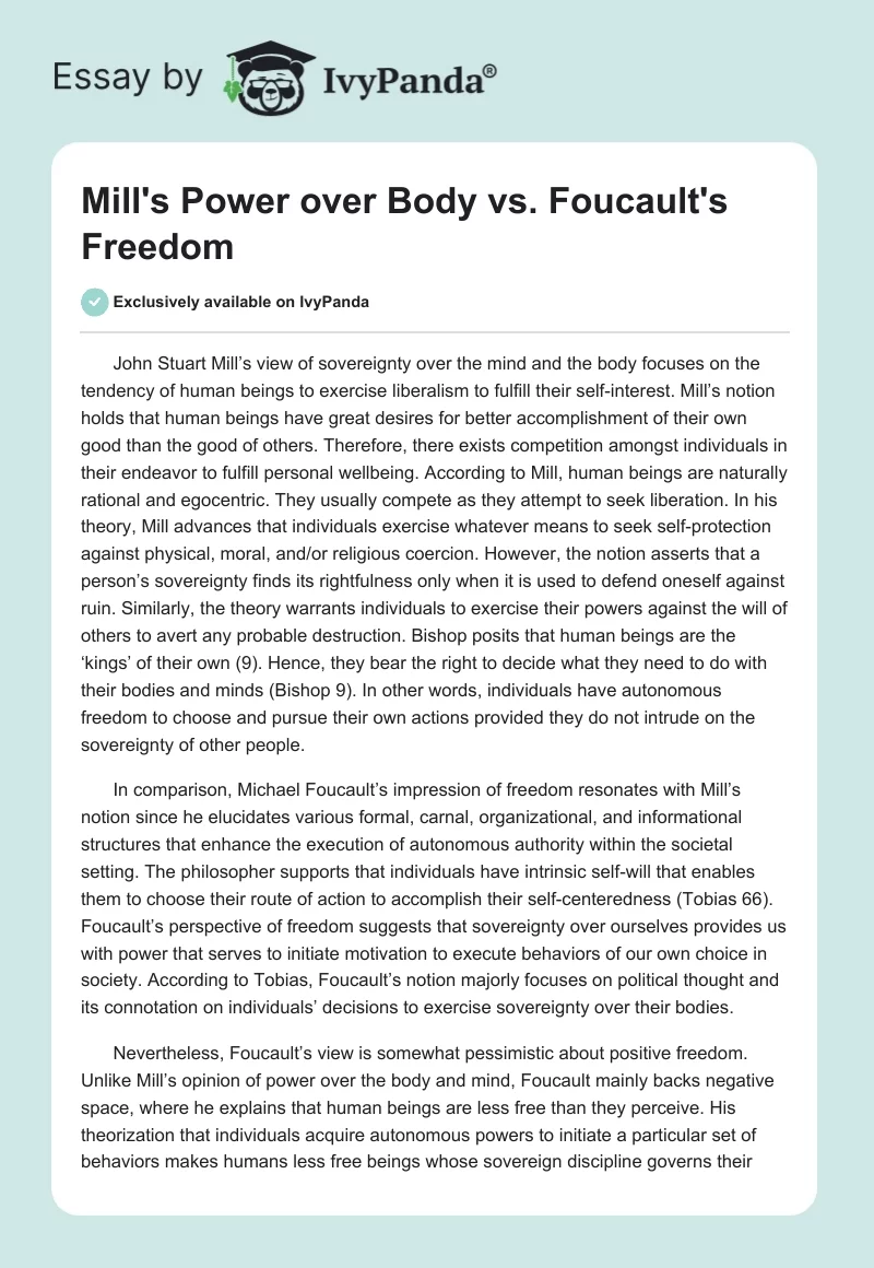 Mill's Power over Body vs. Foucault's Freedom. Page 1