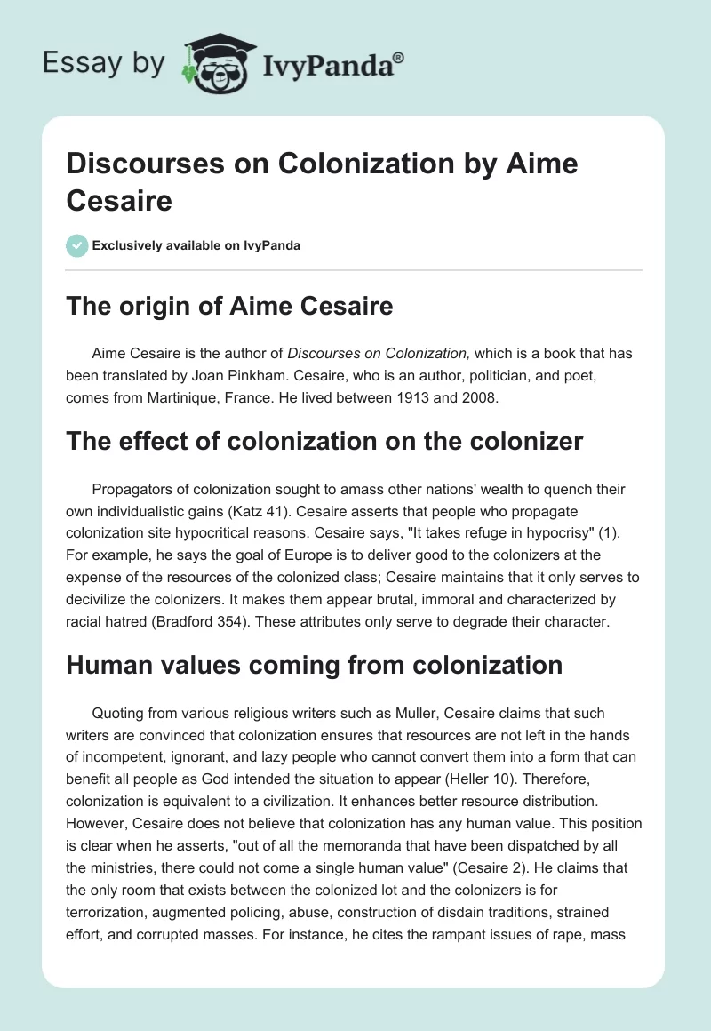 "Discourses on Colonization" by Aime Cesaire. Page 1