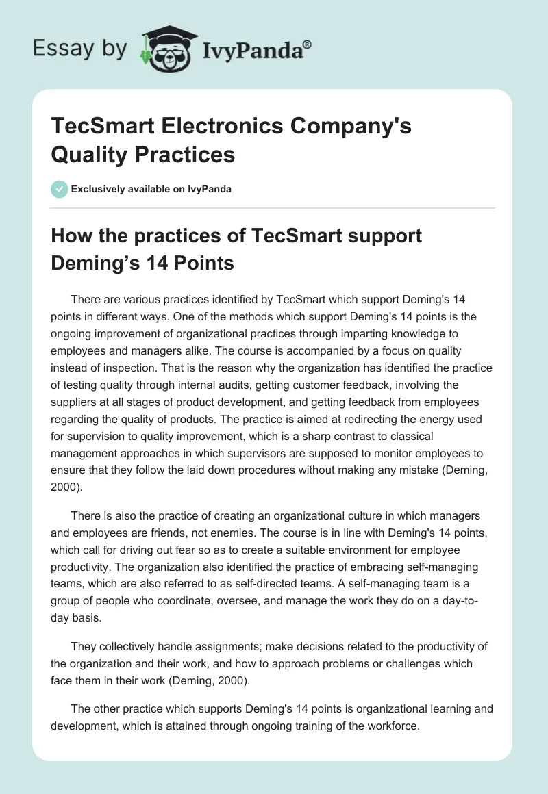 TecSmart Electronics Company's Quality Practices. Page 1