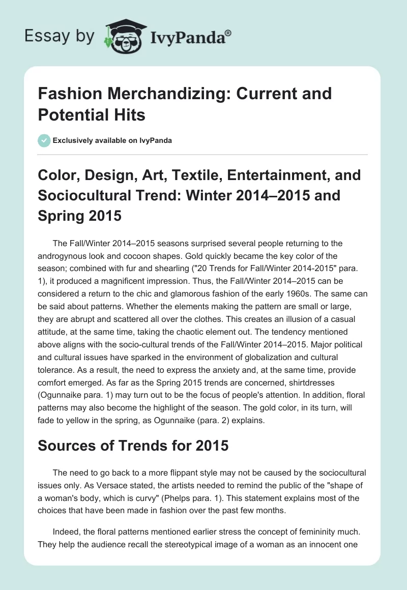 Fashion Merchandizing: Current and Potential Hits. Page 1