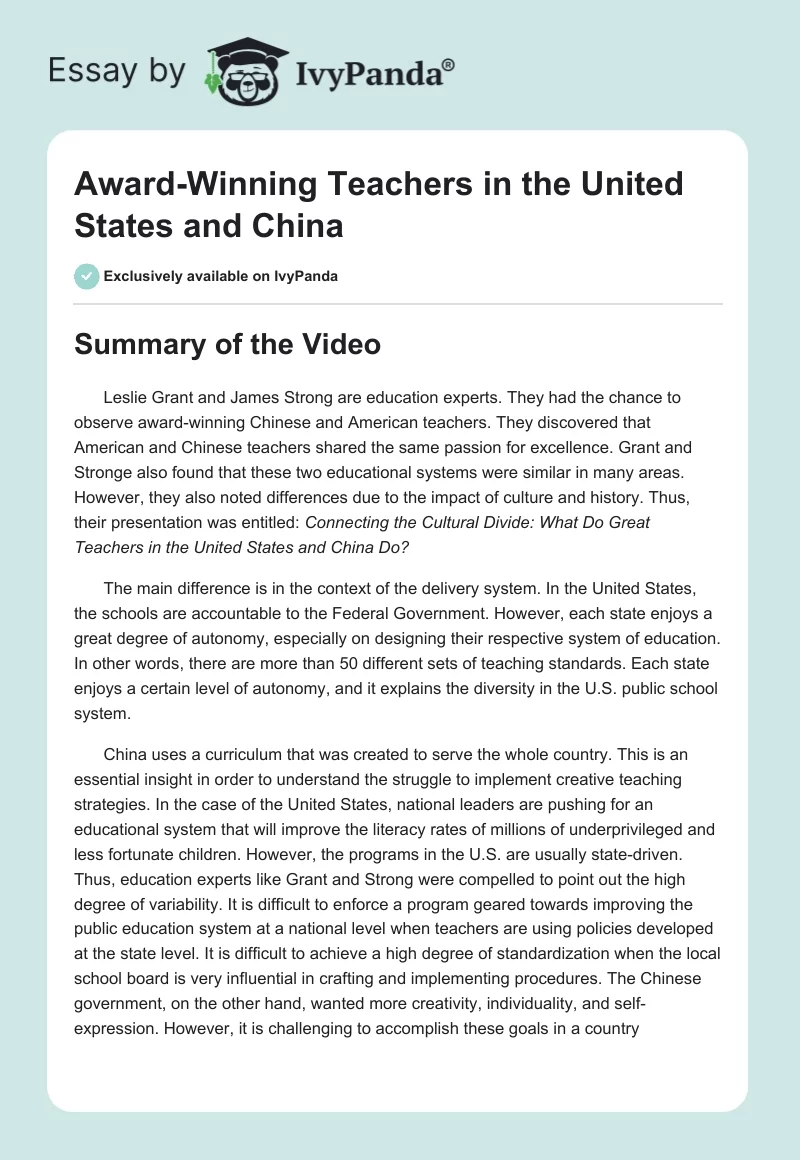 Award-Winning Teachers in the United States and China. Page 1
