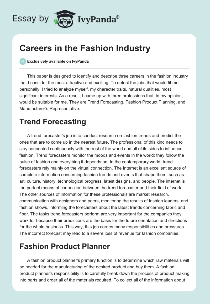 Careers in the Fashion Industry. Page 1