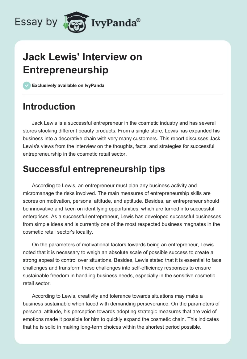 Jack Lewis' Interview on Entrepreneurship. Page 1