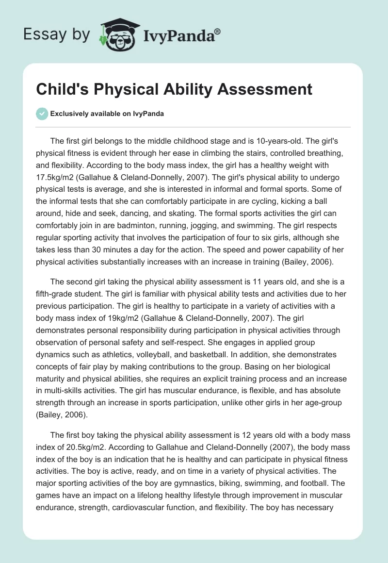 Child's Physical Ability Assessment. Page 1