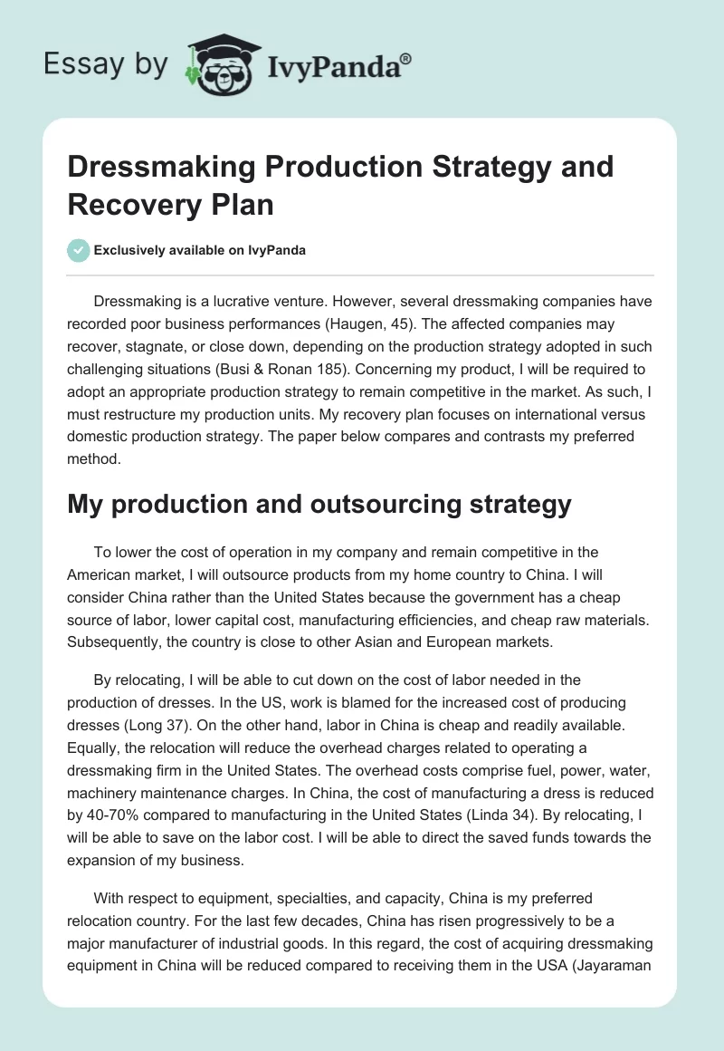 Dressmaking Production Strategy and Recovery Plan. Page 1