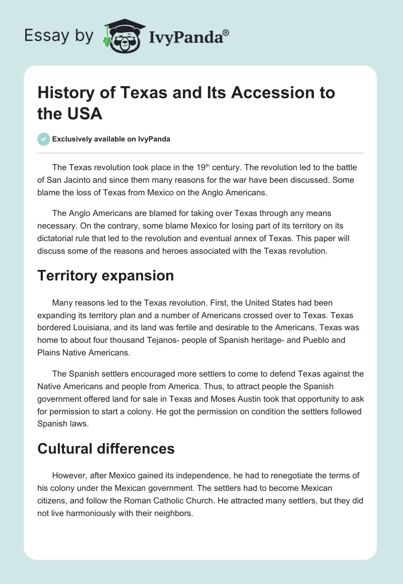 History of Texas and Its Accession to the USA. Page 1