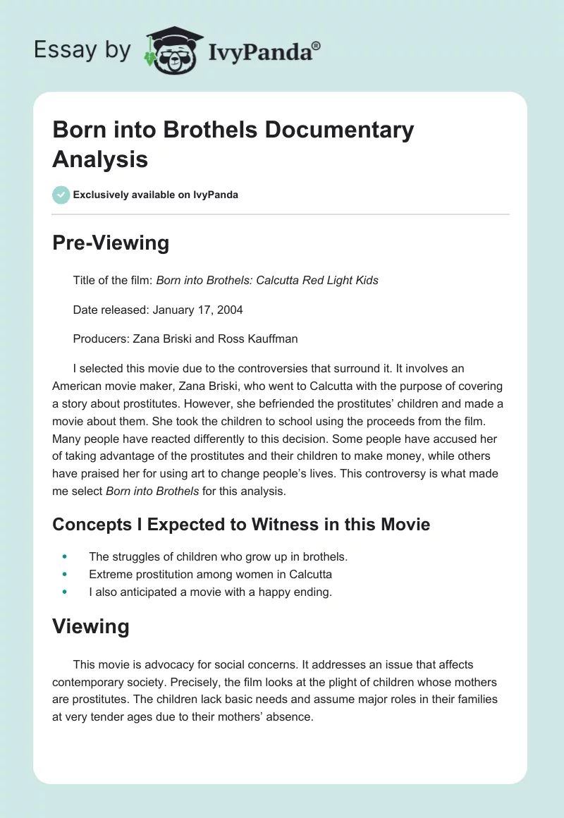 "Born into Brothels" Documentary Analysis. Page 1