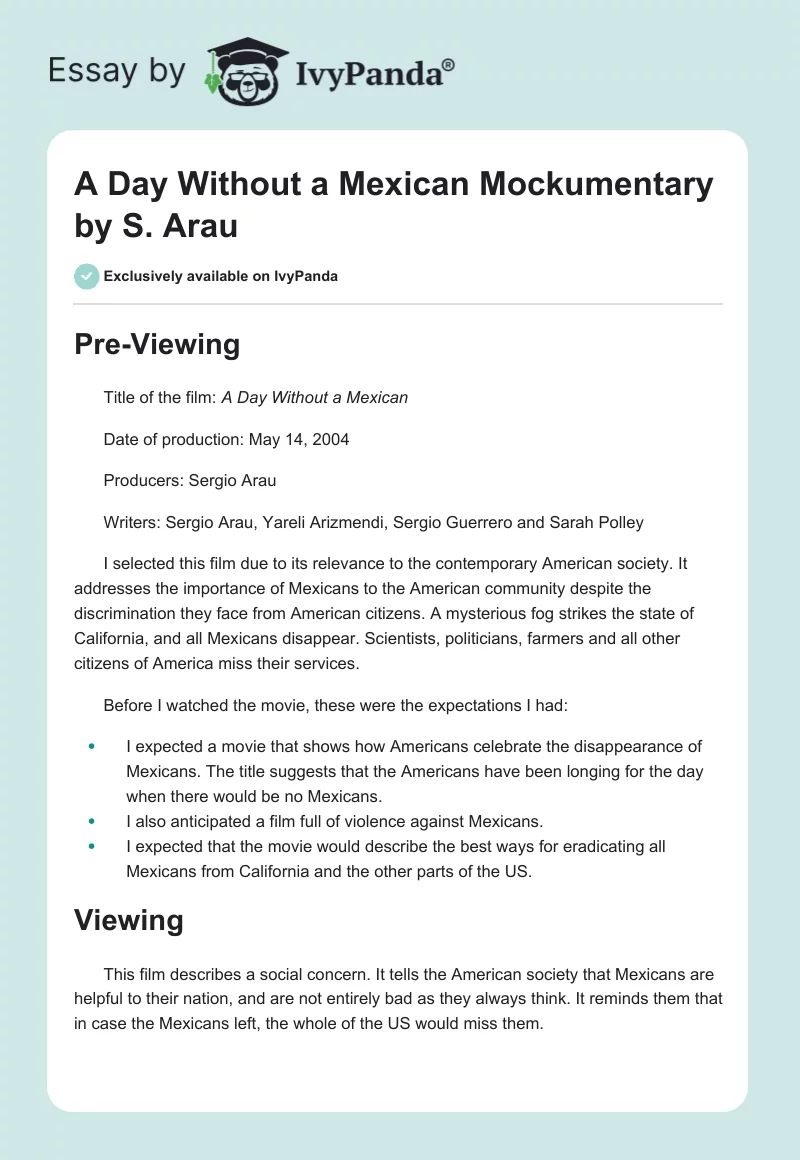 "A Day Without a Mexican" Mockumentary by S. Arau. Page 1
