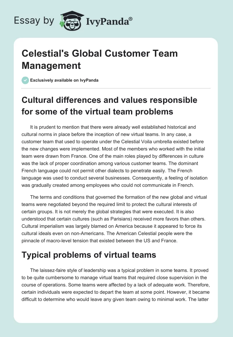 Celestial's Global Customer Team Management. Page 1