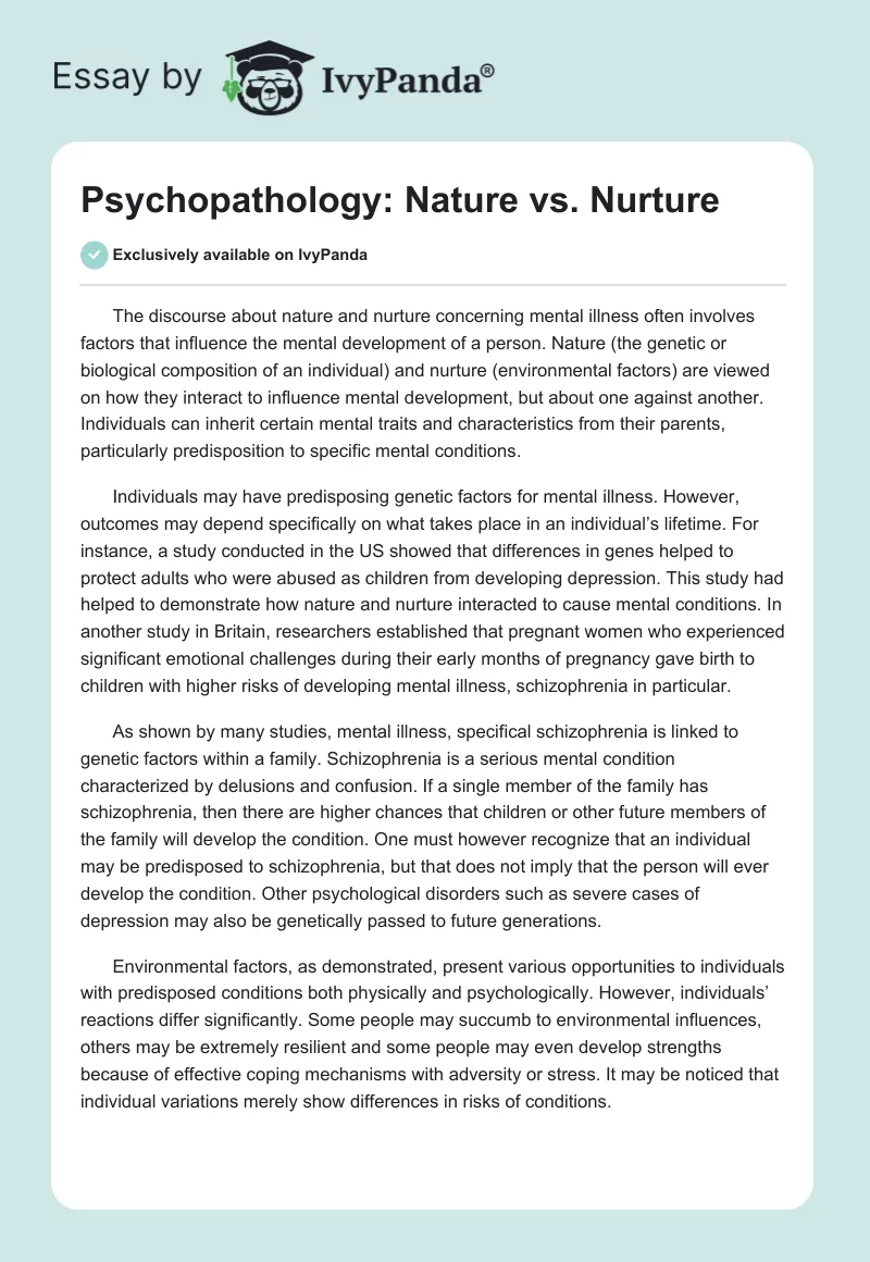Psychopathology: Nature vs. Nurture. Page 1