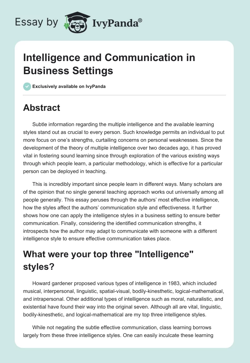 Intelligence and Communication in Business Settings. Page 1