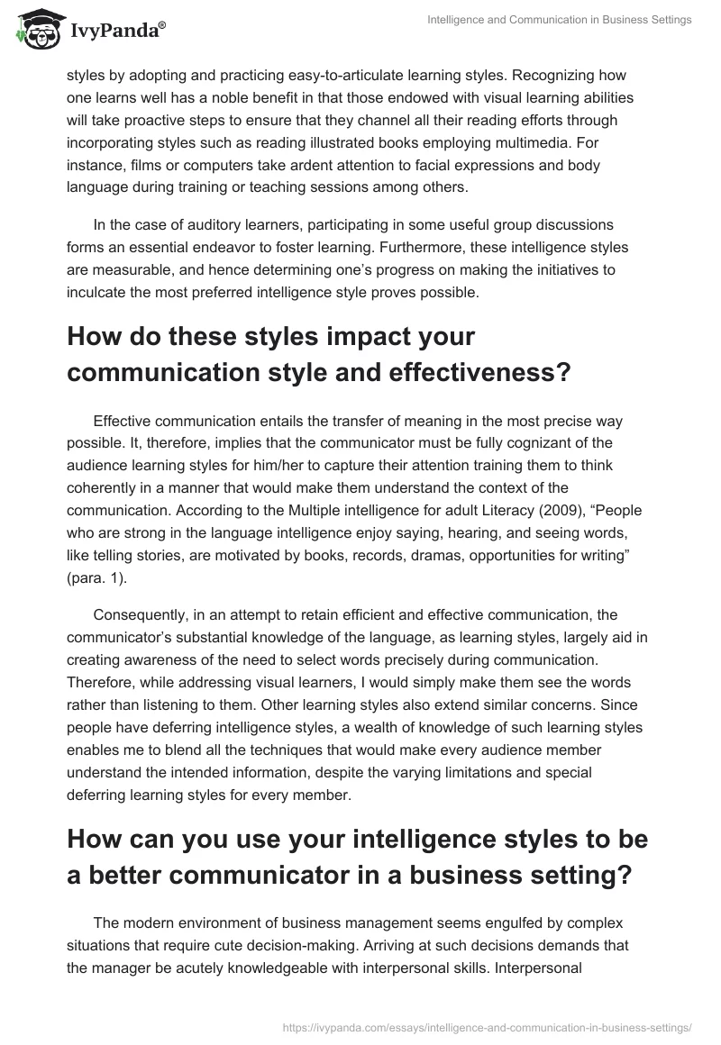 Intelligence and Communication in Business Settings. Page 2