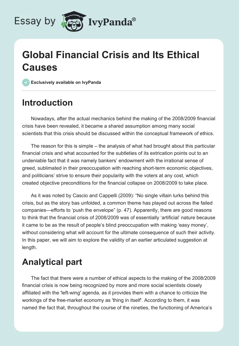 Global Financial Crisis and Its Ethical Causes. Page 1