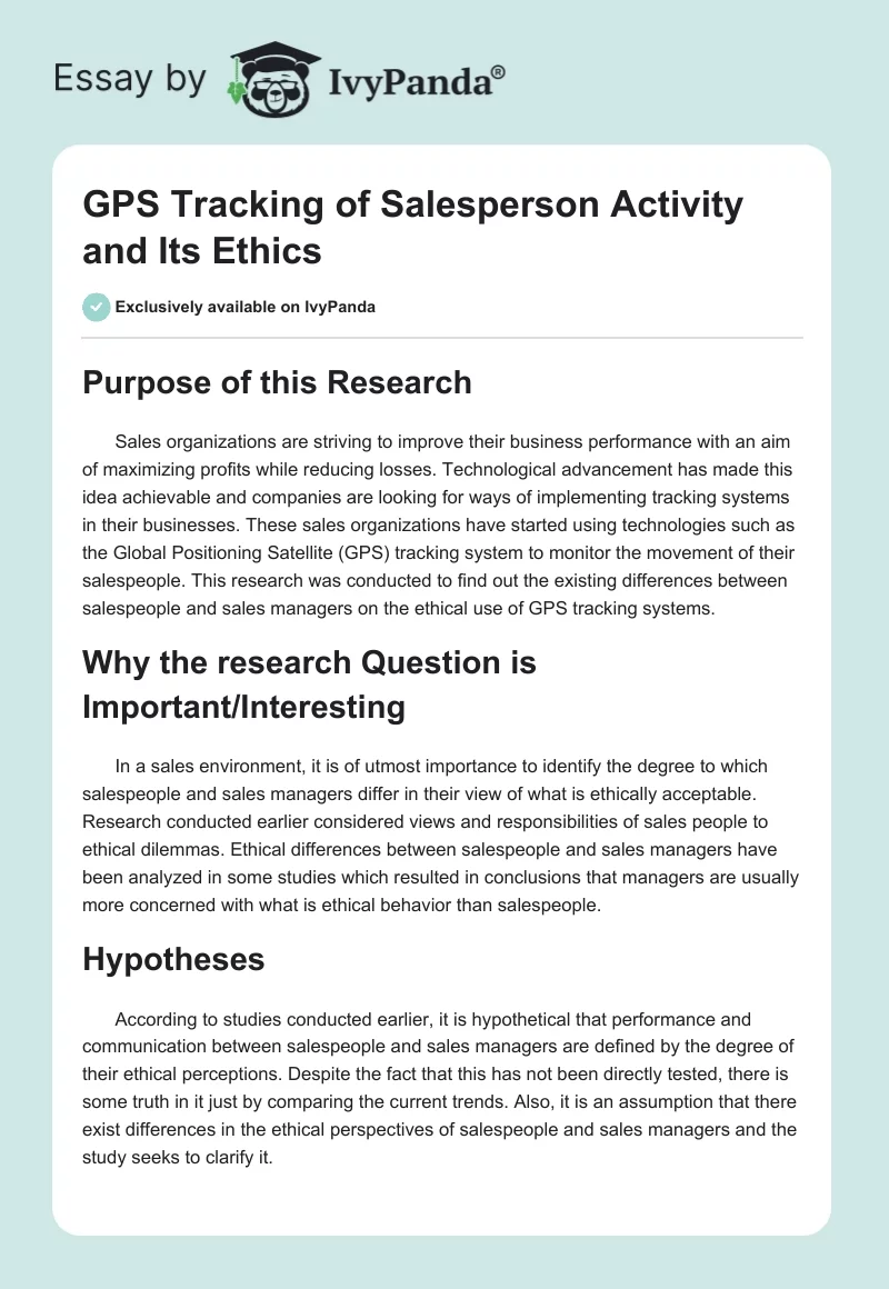 GPS Tracking of Salesperson Activity and Its Ethics. Page 1