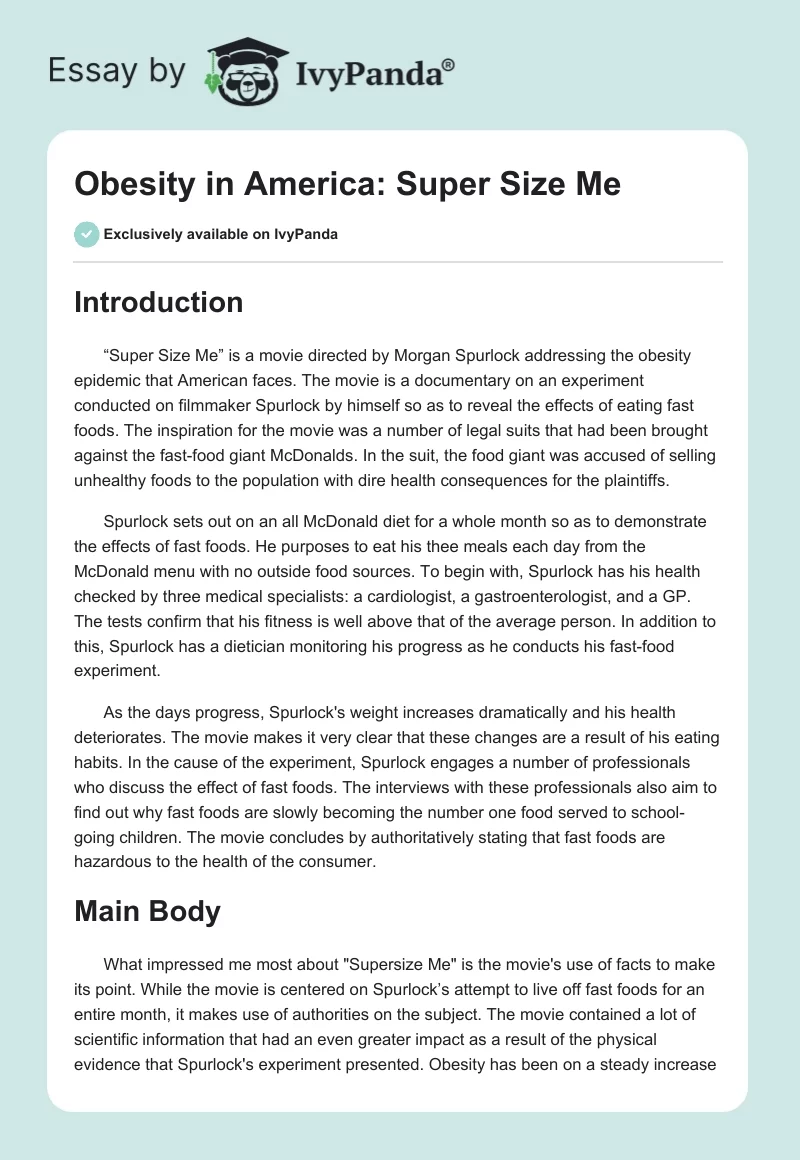 Obesity in America: "Super Size Me". Page 1