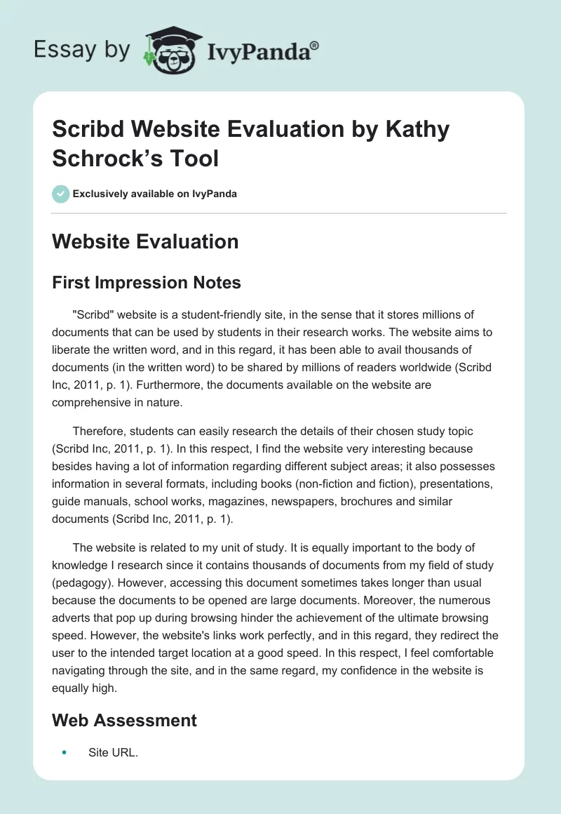 Scribd Website Evaluation by Kathy Schrock’s Tool. Page 1