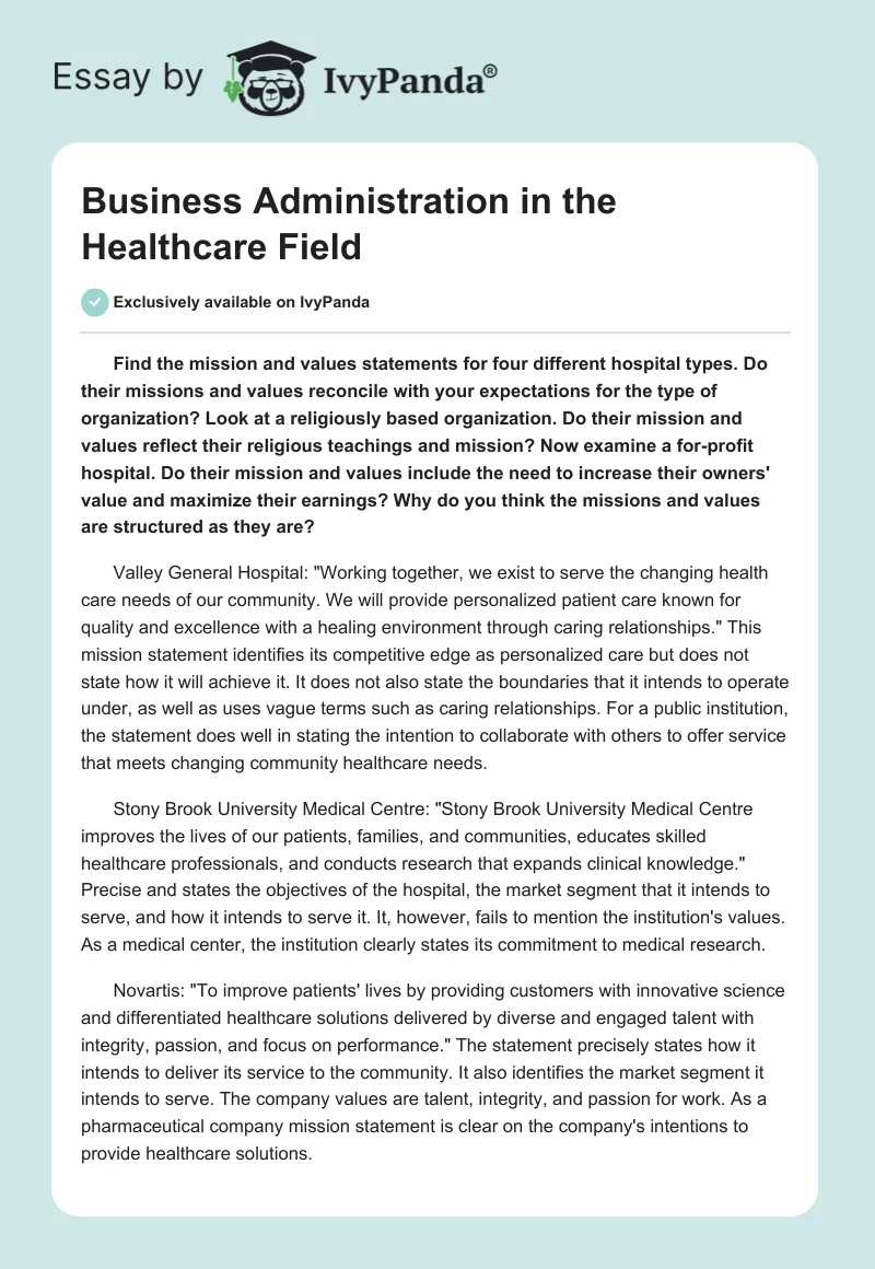 Business Administration in the Healthcare Field. Page 1
