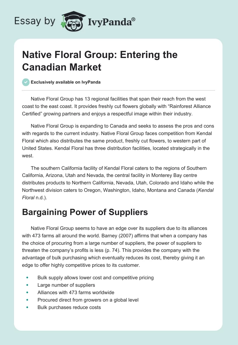 Native Floral Group: Entering the Canadian Market. Page 1