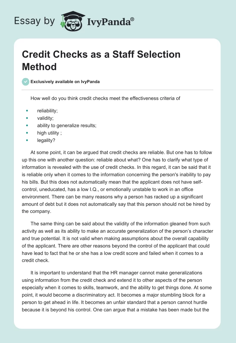 Credit Checks as a Staff Selection Method. Page 1