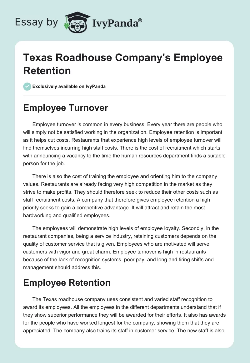 Texas Roadhouse Company's Employee Retention. Page 1