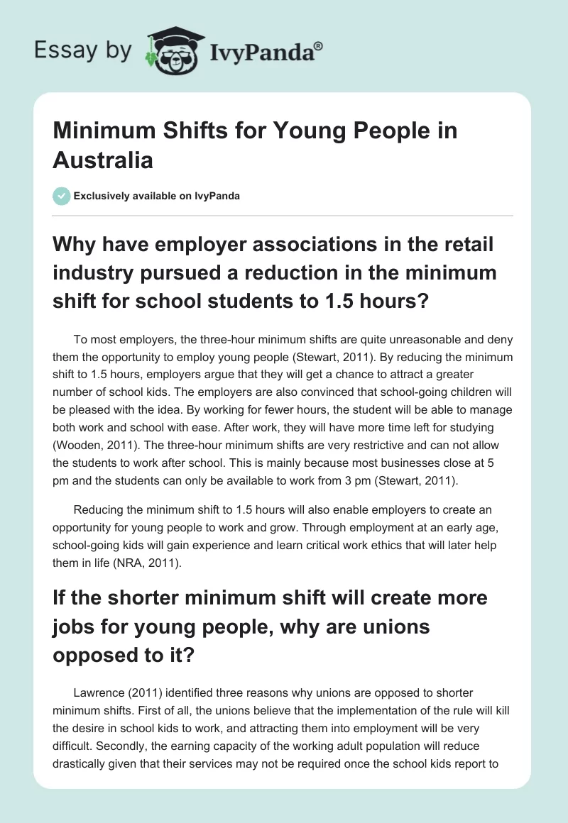 Minimum Shifts for Young People in Australia. Page 1