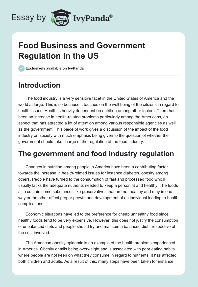 Food Business and Government Regulation in the US. Page 1