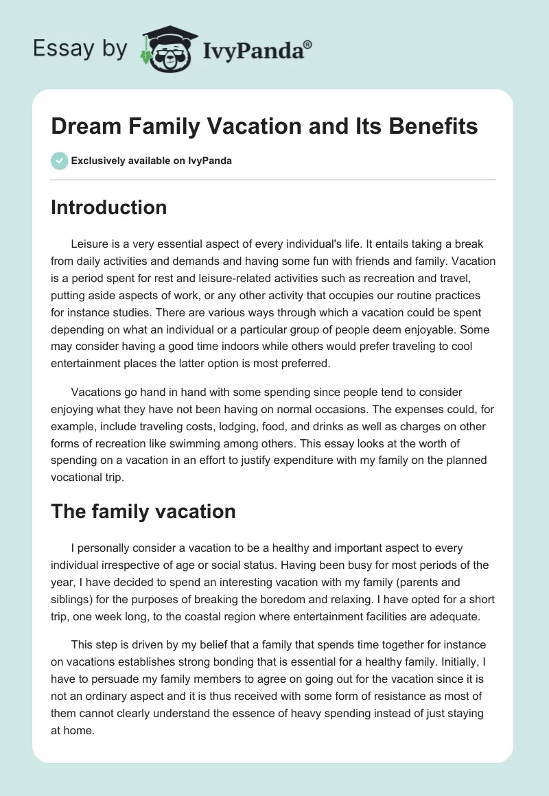 Dream Family Vacation and Its Benefits. Page 1