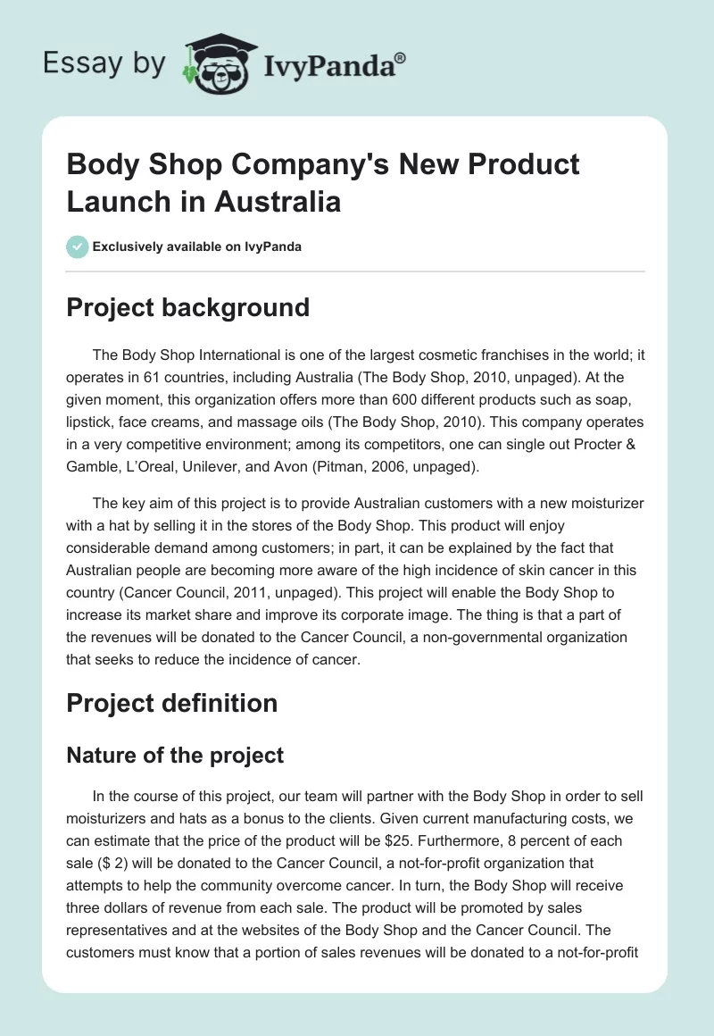 Body Shop Company's New Product Launch in Australia. Page 1