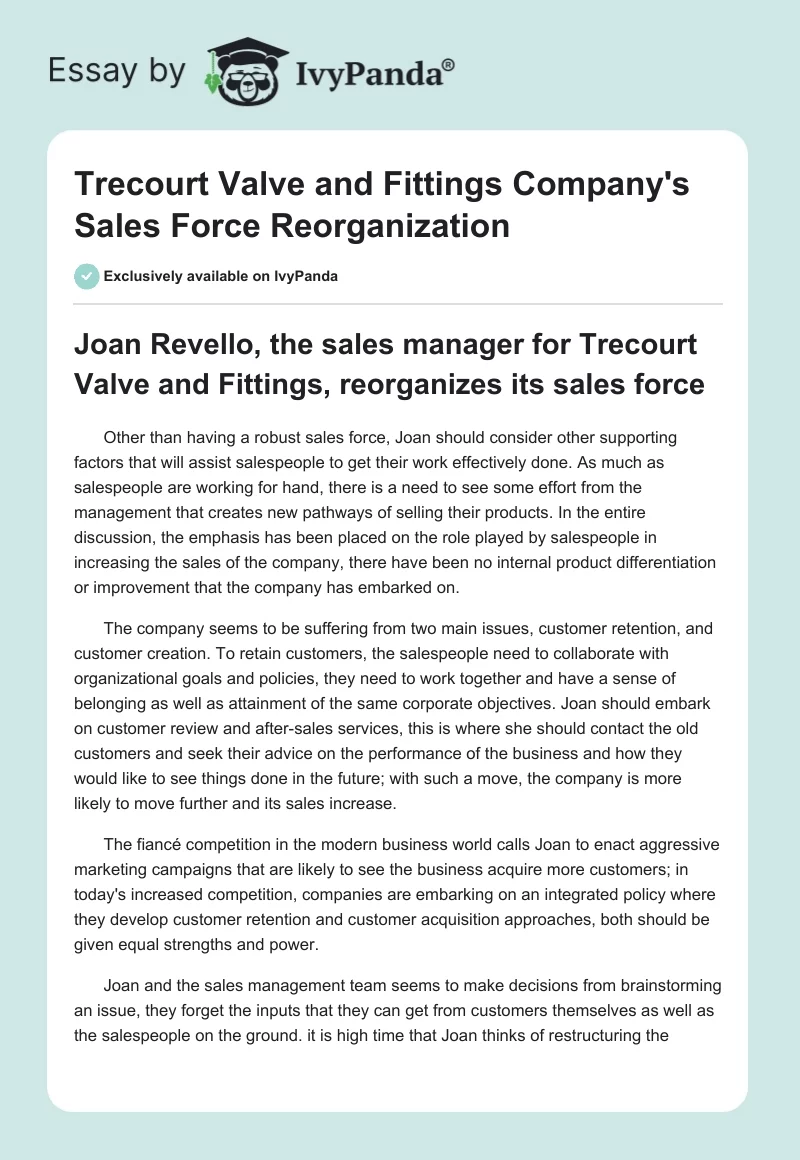 Trecourt Valve and Fittings Company's Sales Force Reorganization. Page 1