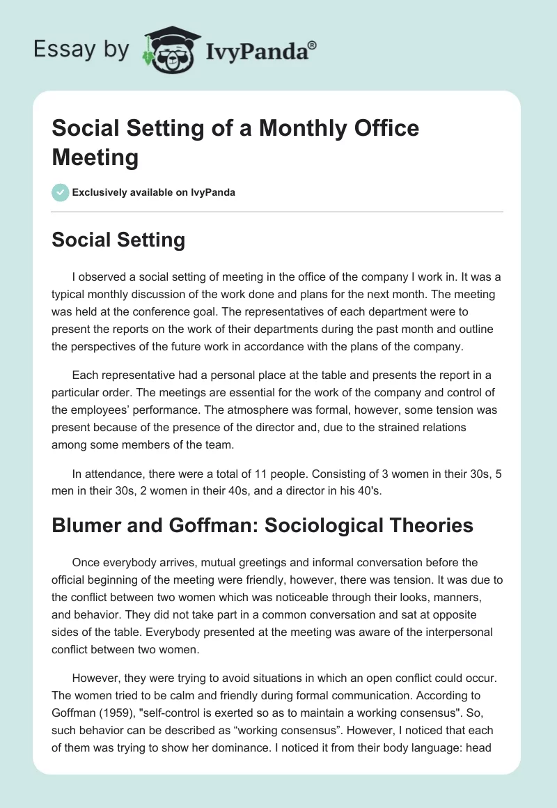 Social Setting of a Monthly Office Meeting. Page 1