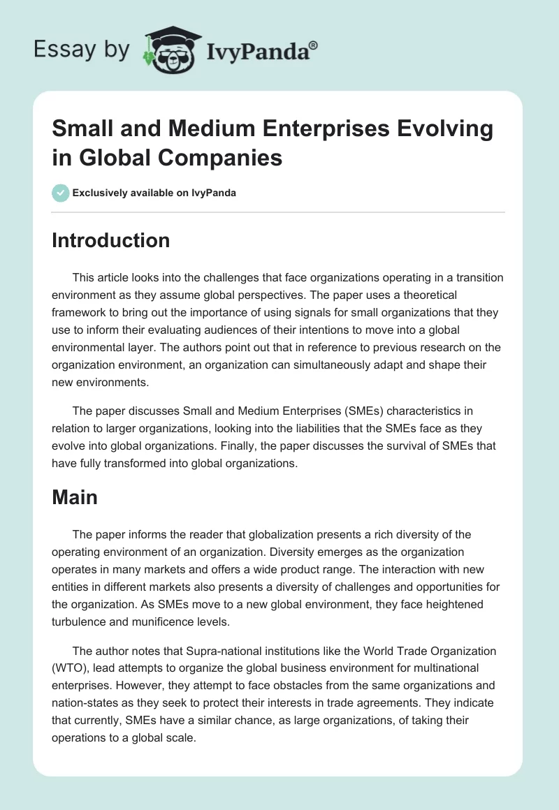 Small and Medium Enterprises Evolving in Global Companies. Page 1