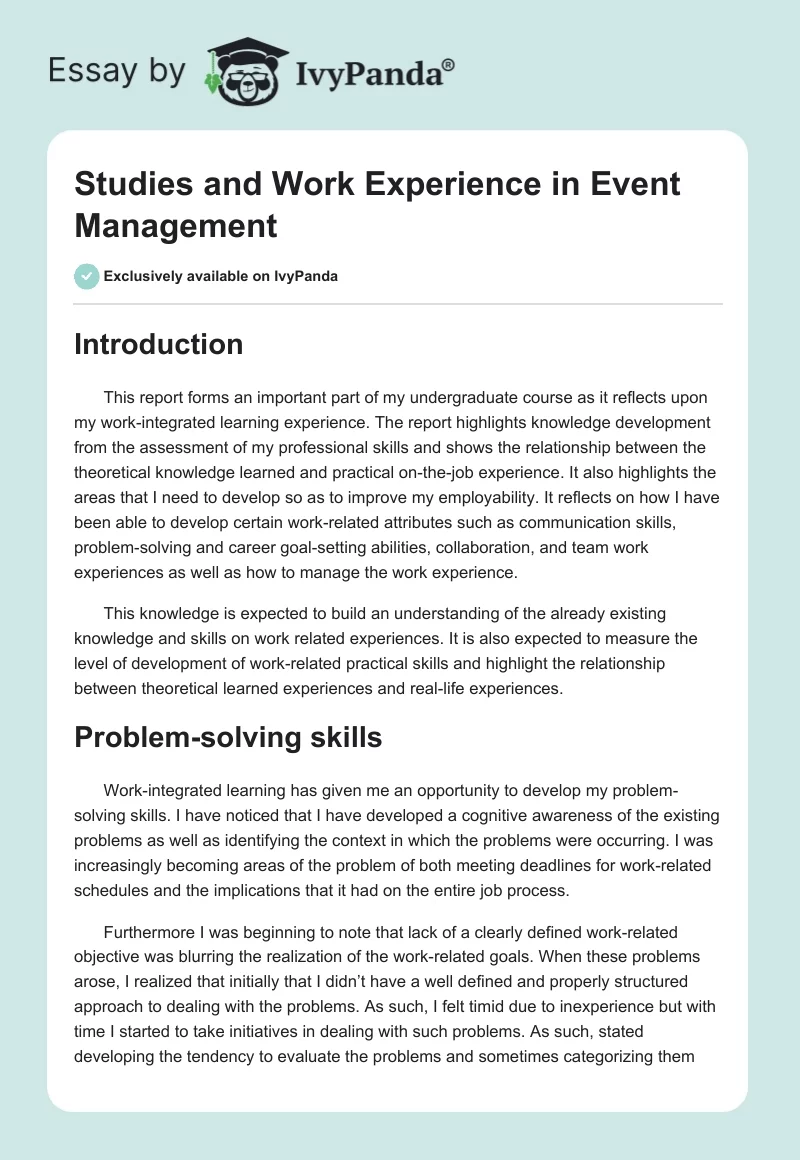 Studies and Work Experience in Event Management. Page 1