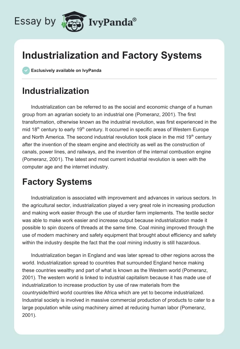 Industrialization and Factory Systems. Page 1